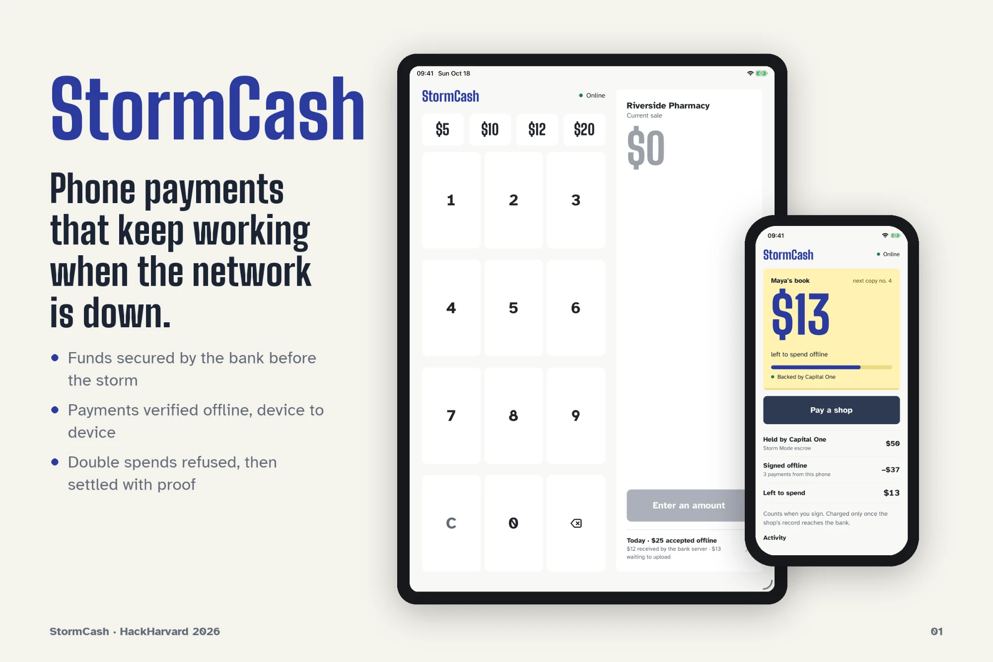 StormCash on an iPad checkout and an iPhone wallet: $13 left to spend offline, backed by Capital One.